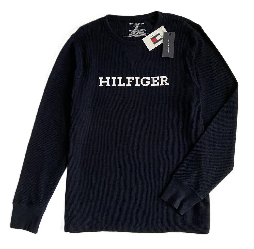 Tommy Hilfiger Tee Men's Large Long Sleeve Waffle-Knit Crew Neck Navy Blue NWT